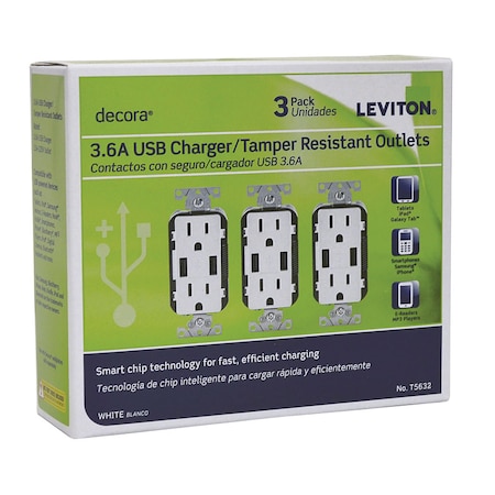 Leviton Leviton Decora 15 amps 125 V Duplex White Outlet and USB Charger 5-15R 3 pk T5632-3BW